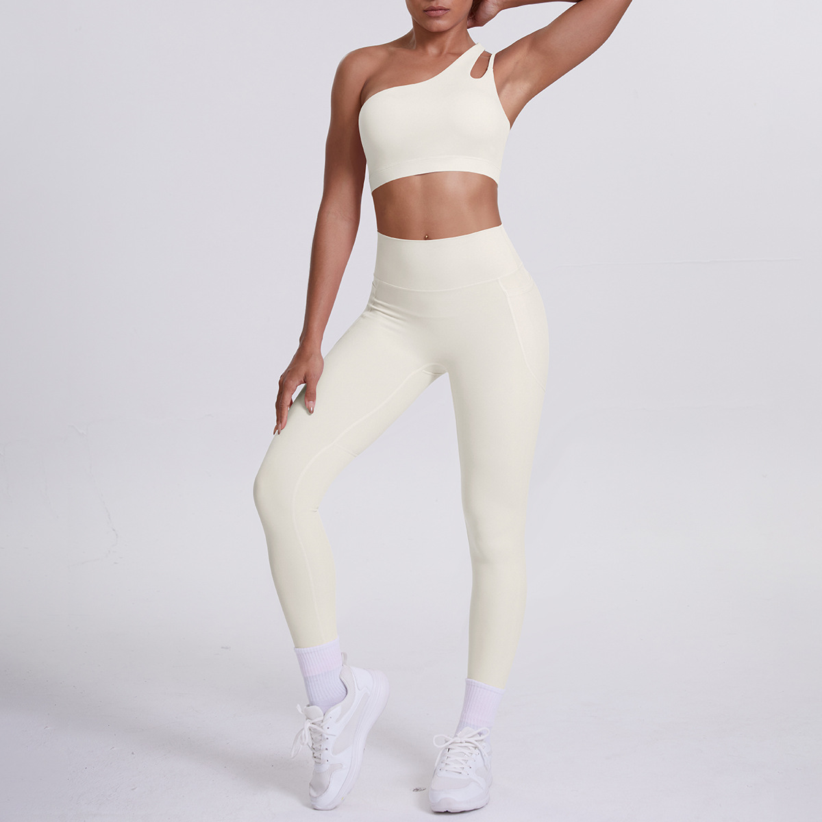 Women One Shoulder Cutout Yoga 2-Piece Outfit, Asymmetric Single Strap Crop Top 10 Colors, High Waist Butt Lifting Leggings With Side Pockets 10 Colors, YFYS7114+YFYS7108