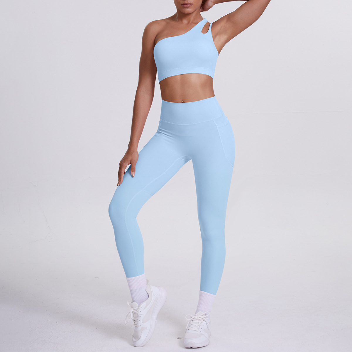Women One Shoulder Cutout Yoga 2-Piece Outfit, Asymmetric Single Strap Crop Top 10 Colors, High Waist Butt Lifting Leggings With Side Pockets 10 Colors, YFYS7114+YFYS7108
