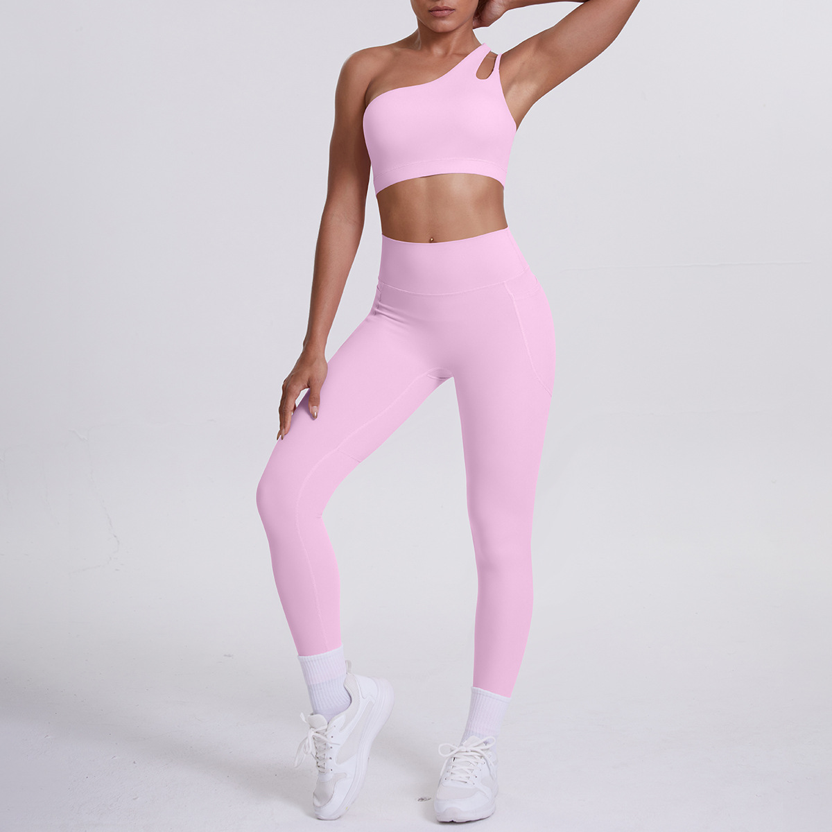 Women One Shoulder Cutout Yoga 2-Piece Outfit, Asymmetric Single Strap Crop Top 10 Colors, High Waist Butt Lifting Leggings With Side Pockets 10 Colors, YFYS7114+YFYS7108