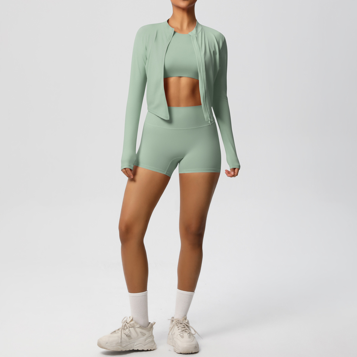 Quick Dry Training Three Piece Set, Zip Up Long Sleeve + Short Sleeve Crop Top 10 Colors, Solid Color Tight Lifting Shorts 10 Colors, YFYS7105+YFYS7106+YFYS7101