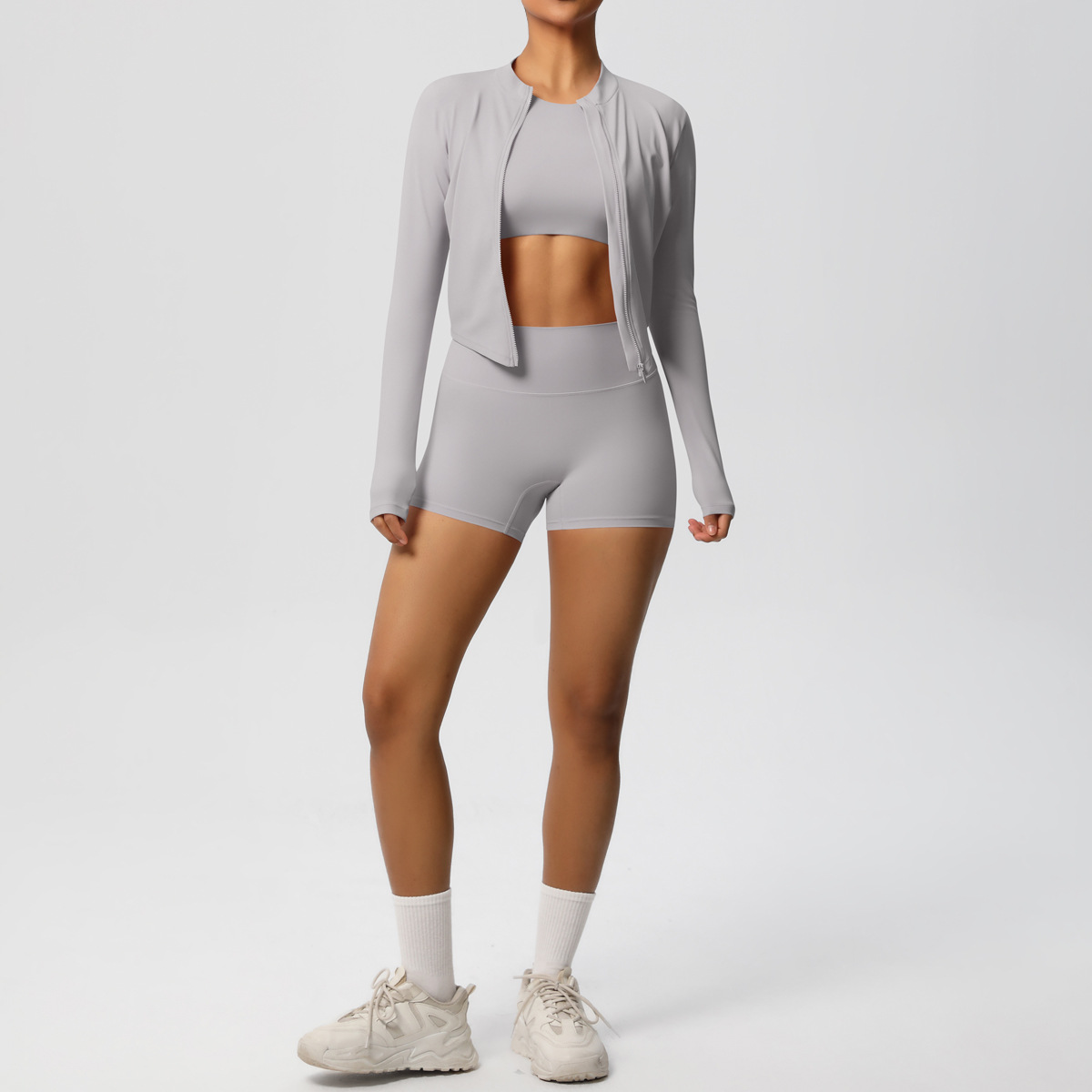 Quick Dry Training Three Piece Set, Zip Up Long Sleeve + Short Sleeve Crop Top 10 Colors, Solid Color Tight Lifting Shorts 10 Colors, YFYS7105+YFYS7106+YFYS7101