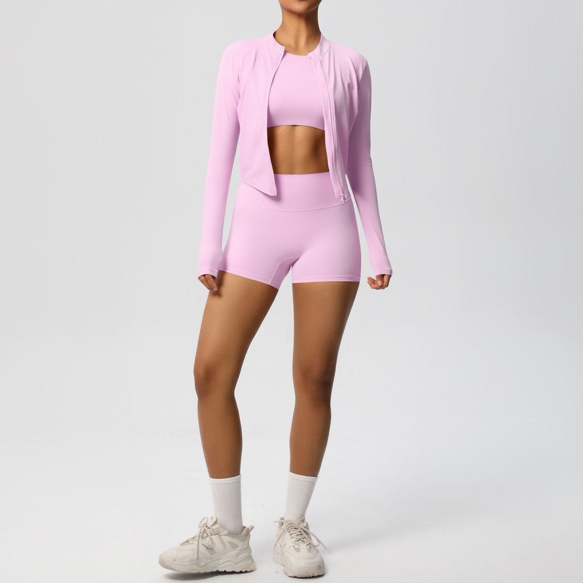 Quick Dry Training Three Piece Set, Zip Up Long Sleeve + Short Sleeve Crop Top 10 Colors, Solid Color Tight Lifting Shorts 10 Colors, YFYS7105+YFYS7106+YFYS7101