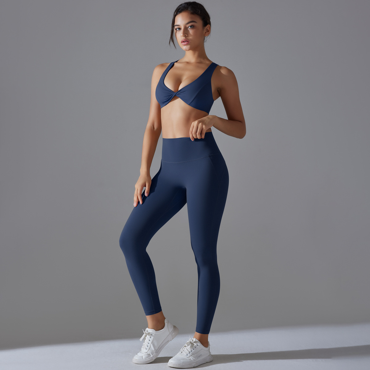 Quick Dry Training Set, Twist Front V Neck Crop Top 5 Colors, Solid Color Tight Lifting Antibacterial Leggings 5 Colors, YFYS7070+YFYS7053