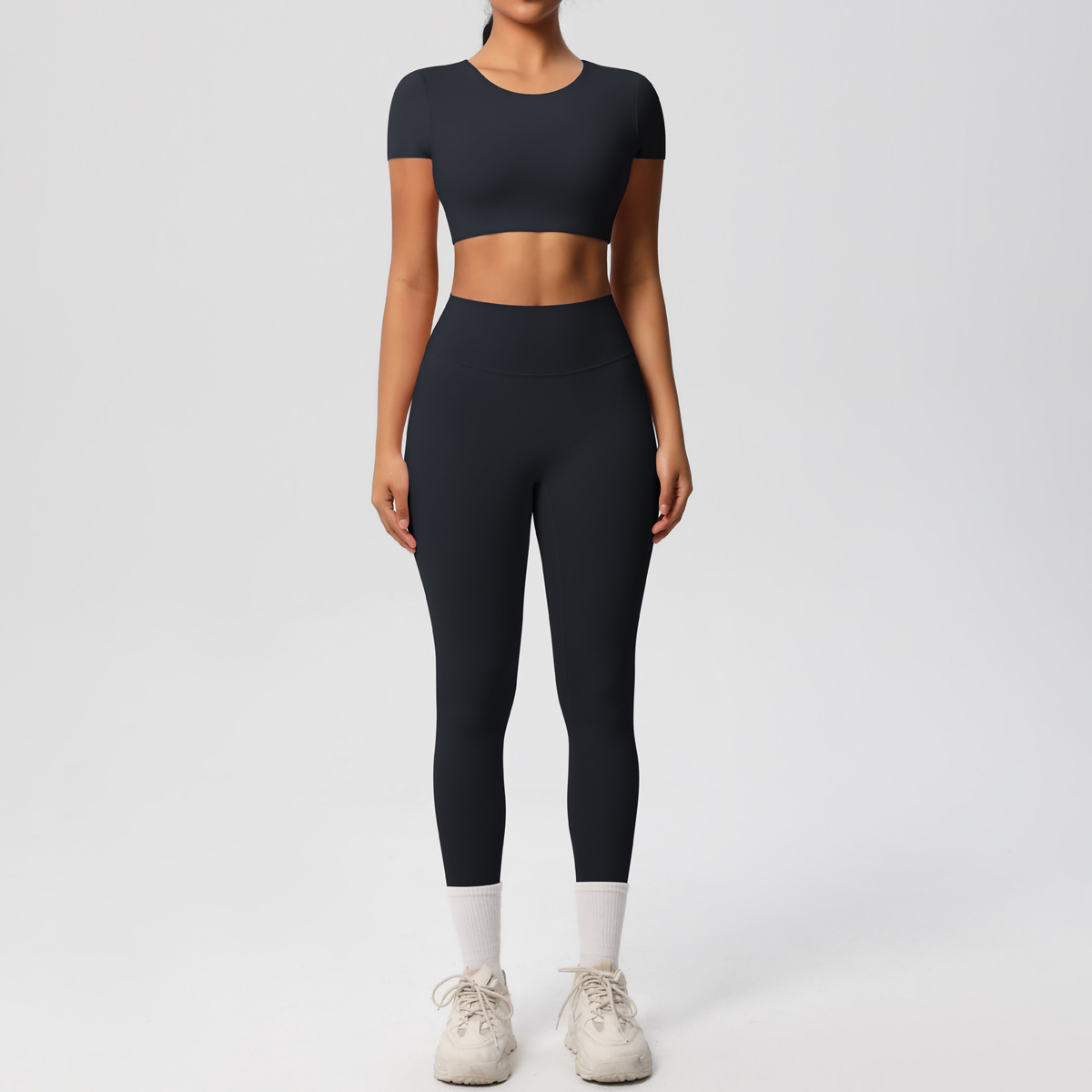 Quick Dry Training Set, Crew Neck Short Sleeve Crop Top With Chest Pads 10 Colors, Solid Color Tight Lifting Leggings 10 Colors, YFYS7105+YFYS7100