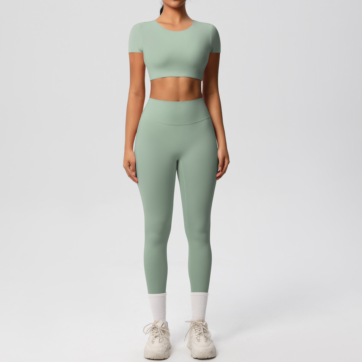 Quick Dry Training Set, Crew Neck Short Sleeve Crop Top With Chest Pads 10 Colors, Solid Color Tight Lifting Leggings 10 Colors, YFYS7105+YFYS7100