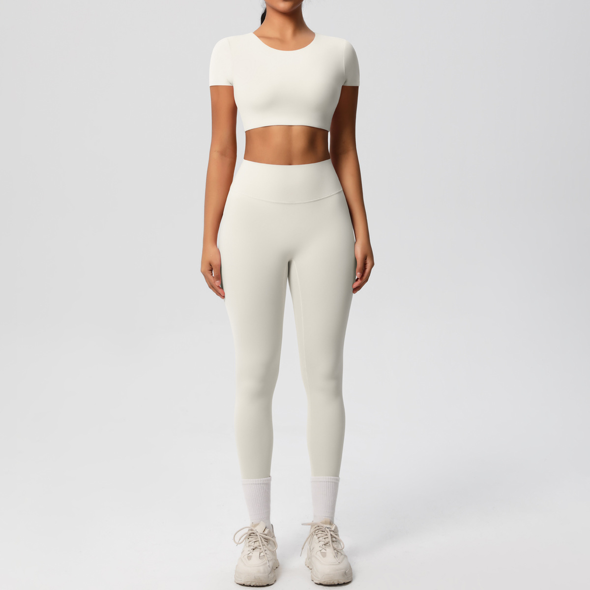 Quick Dry Training Set, Crew Neck Short Sleeve Crop Top With Chest Pads 10 Colors, Solid Color Tight Lifting Leggings 10 Colors, YFYS7105+YFYS7100