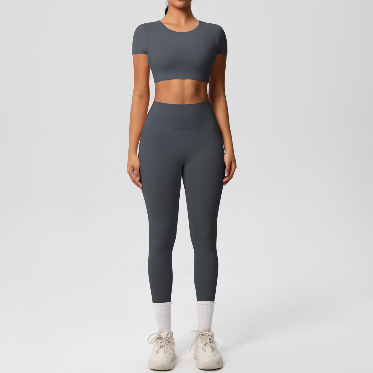 Quick Dry Training Set, Crew Neck Short Sleeve Crop Top With Chest Pads 10 Colors, Solid Color Tight Lifting Leggings 10 Colors, YFYS7105+YFYS7100