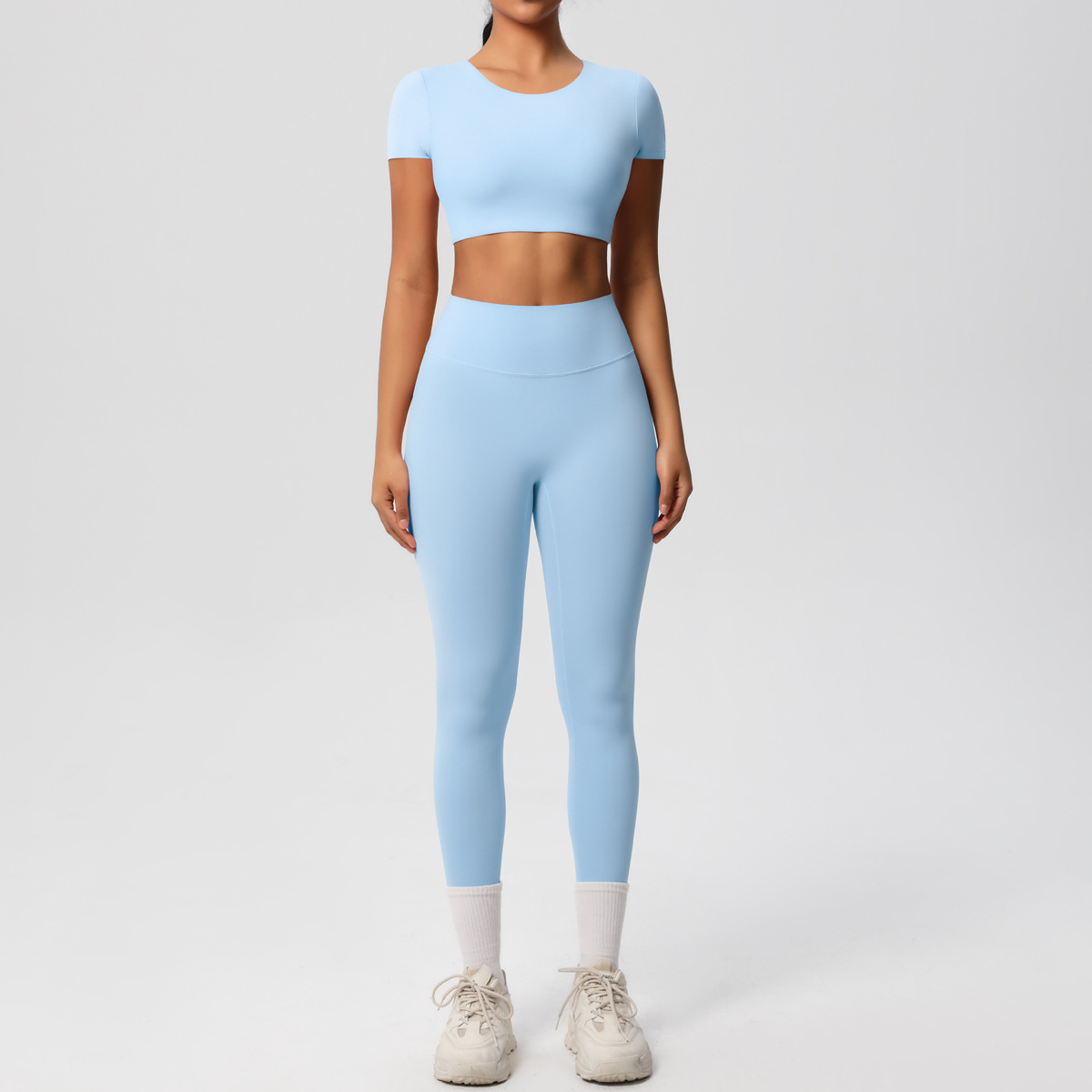 Quick Dry Training Set, Crew Neck Short Sleeve Crop Top With Chest Pads 10 Colors, Solid Color Tight Lifting Leggings 10 Colors, YFYS7105+YFYS7100