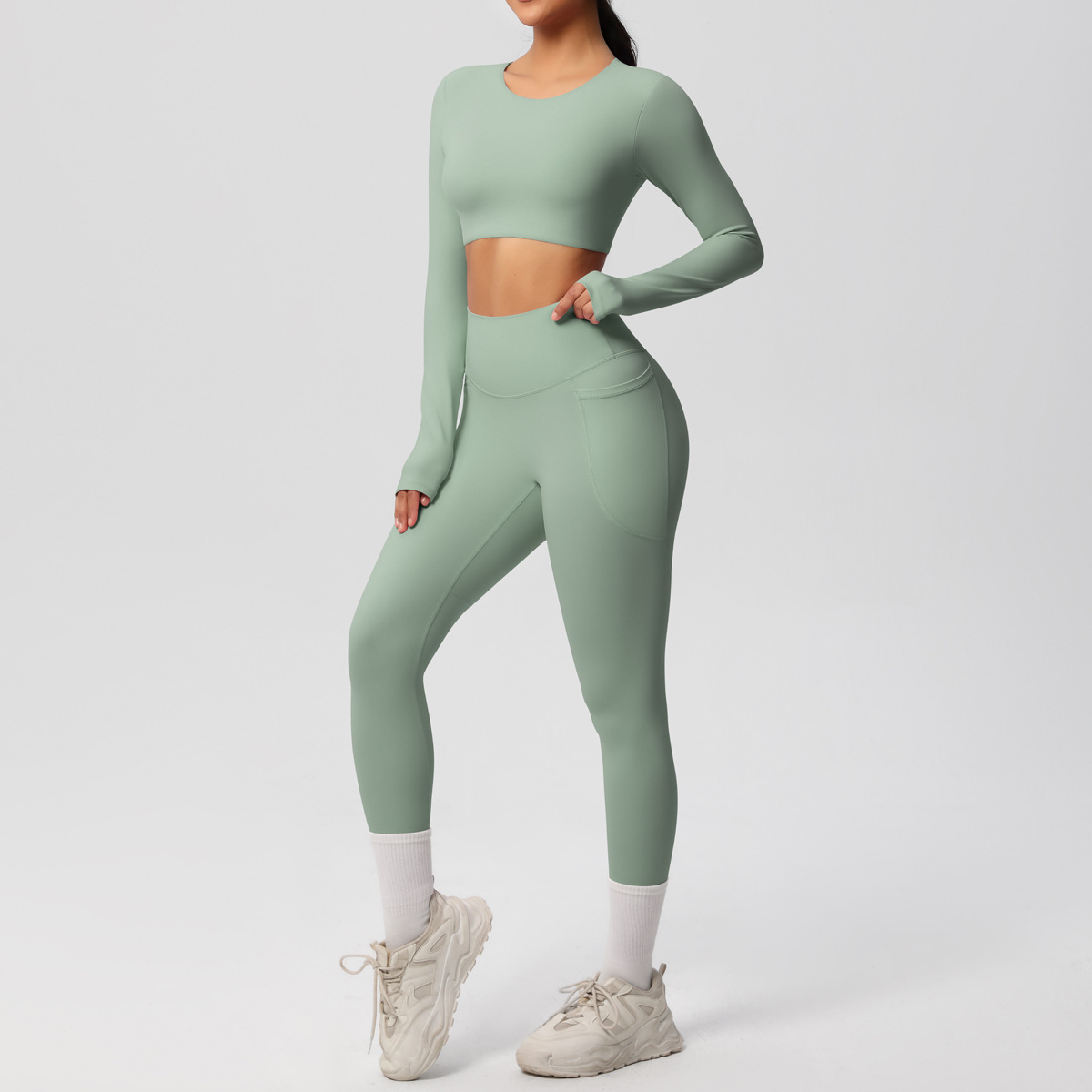 Women Crew Neck Long Sleeve Yoga 2-Piece Outfit, Crew Neck Long Sleeve Crop Top With Chest Pads 10 Colors, High Waist Butt Lifting Leggings With Side Pockets 10 Colors, YFYS7104+YFYS7108