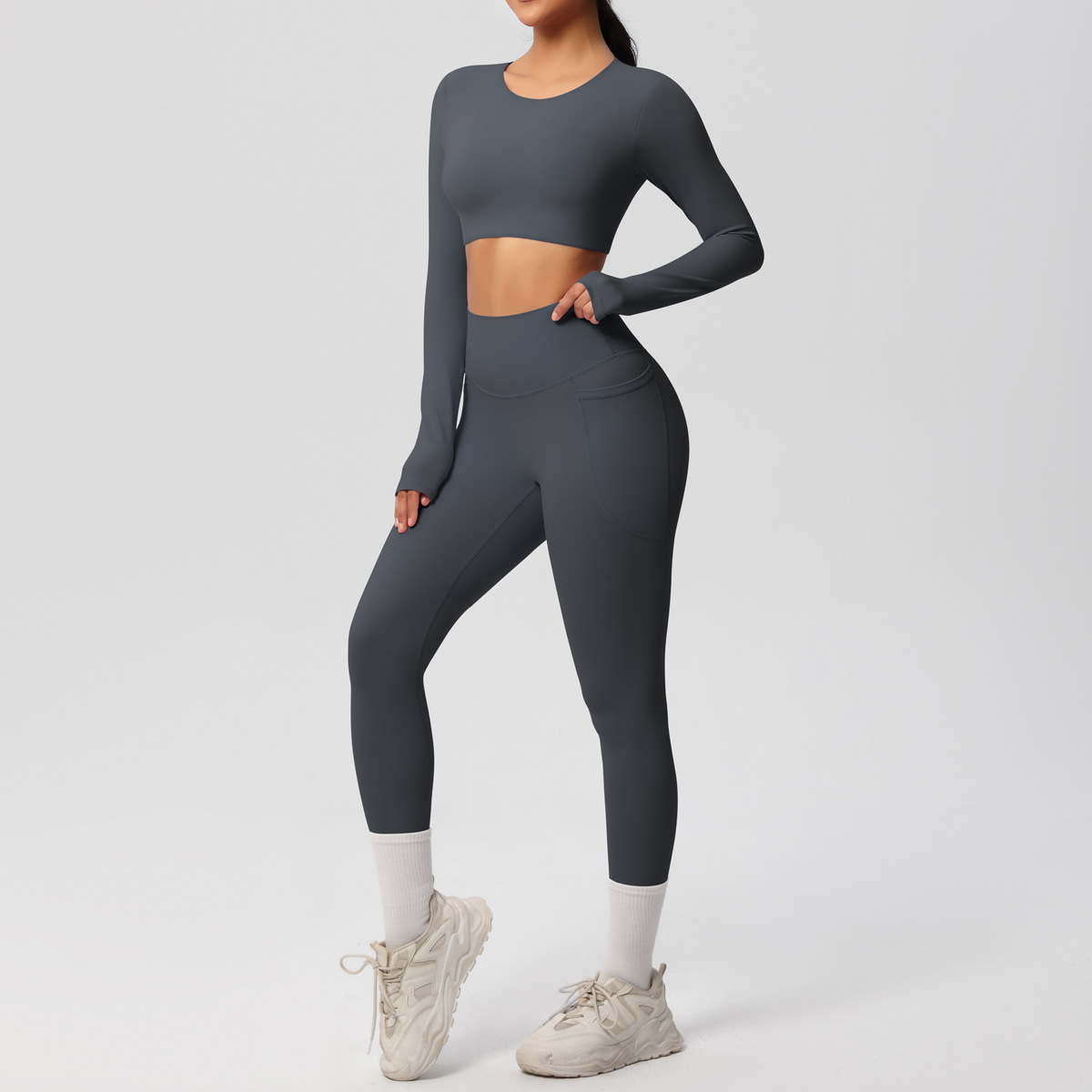 Women Crew Neck Long Sleeve Yoga 2-Piece Outfit, Crew Neck Long Sleeve Crop Top With Chest Pads 10 Colors, High Waist Butt Lifting Leggings With Side Pockets 10 Colors, YFYS7104+YFYS7108