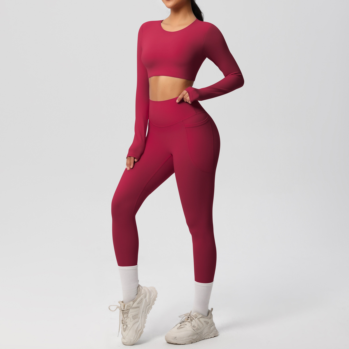 Women Crew Neck Long Sleeve Yoga 2-Piece Outfit, Crew Neck Long Sleeve Crop Top With Chest Pads 10 Colors, High Waist Butt Lifting Leggings With Side Pockets 10 Colors, YFYS7104+YFYS7108