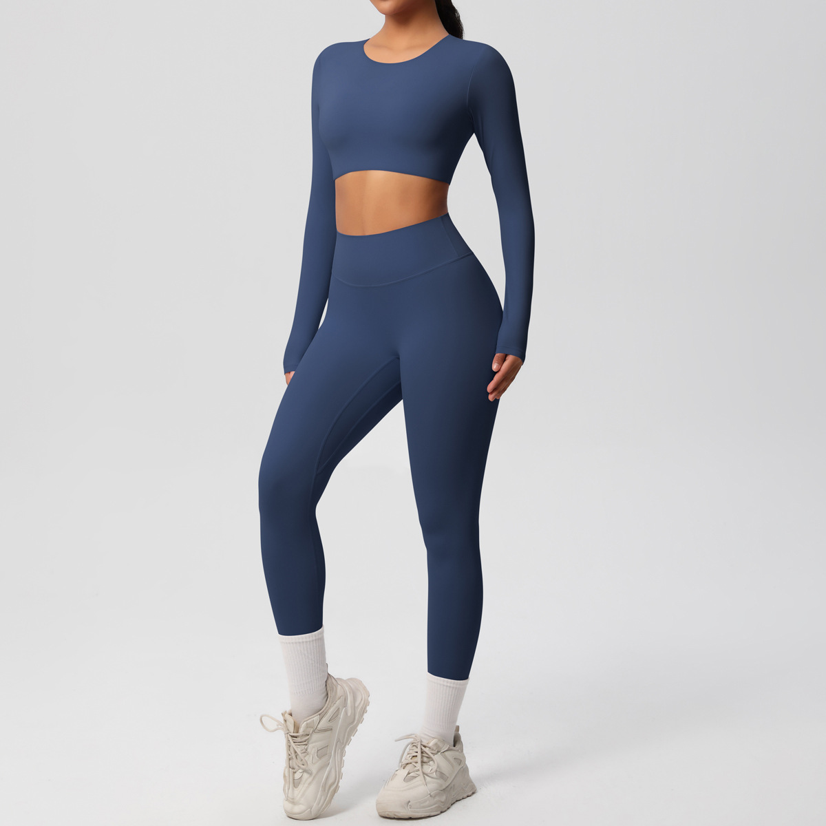Women Crew Neck Long Sleeve Yoga 2-Piece Outfit, Crew Neck Long Sleeve Crop Top With Chest Pads 10 Colors, High Waist Butt Lifting Full Length Leggings 10 Colors, YFYS7104+YFYS7100