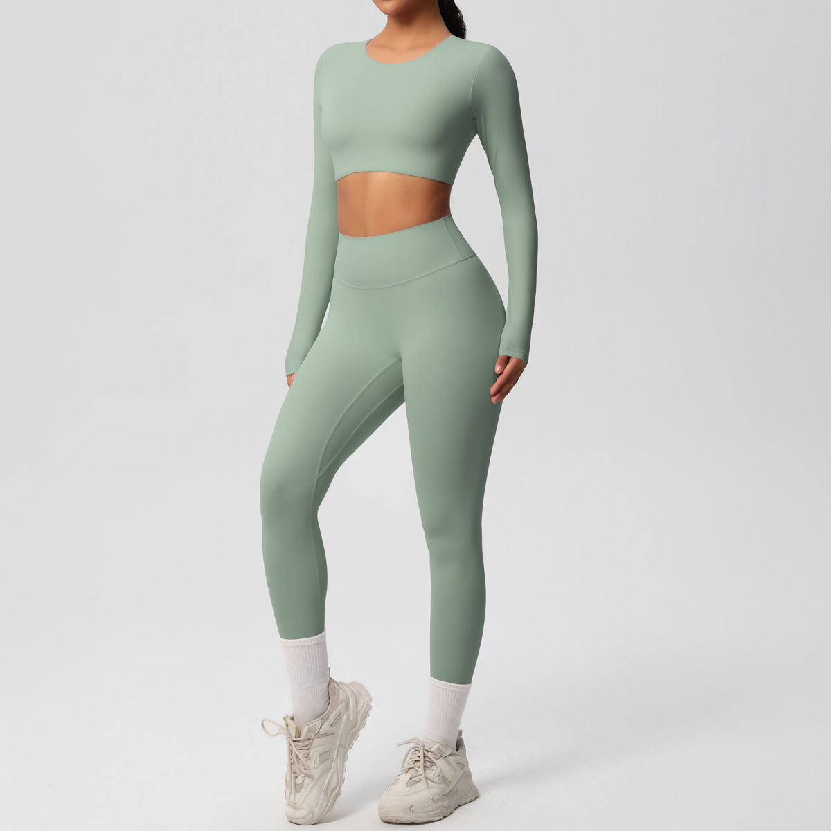 Women Crew Neck Long Sleeve Yoga 2-Piece Outfit, Crew Neck Long Sleeve Crop Top With Chest Pads 10 Colors, High Waist Butt Lifting Full Length Leggings 10 Colors, YFYS7104+YFYS7100
