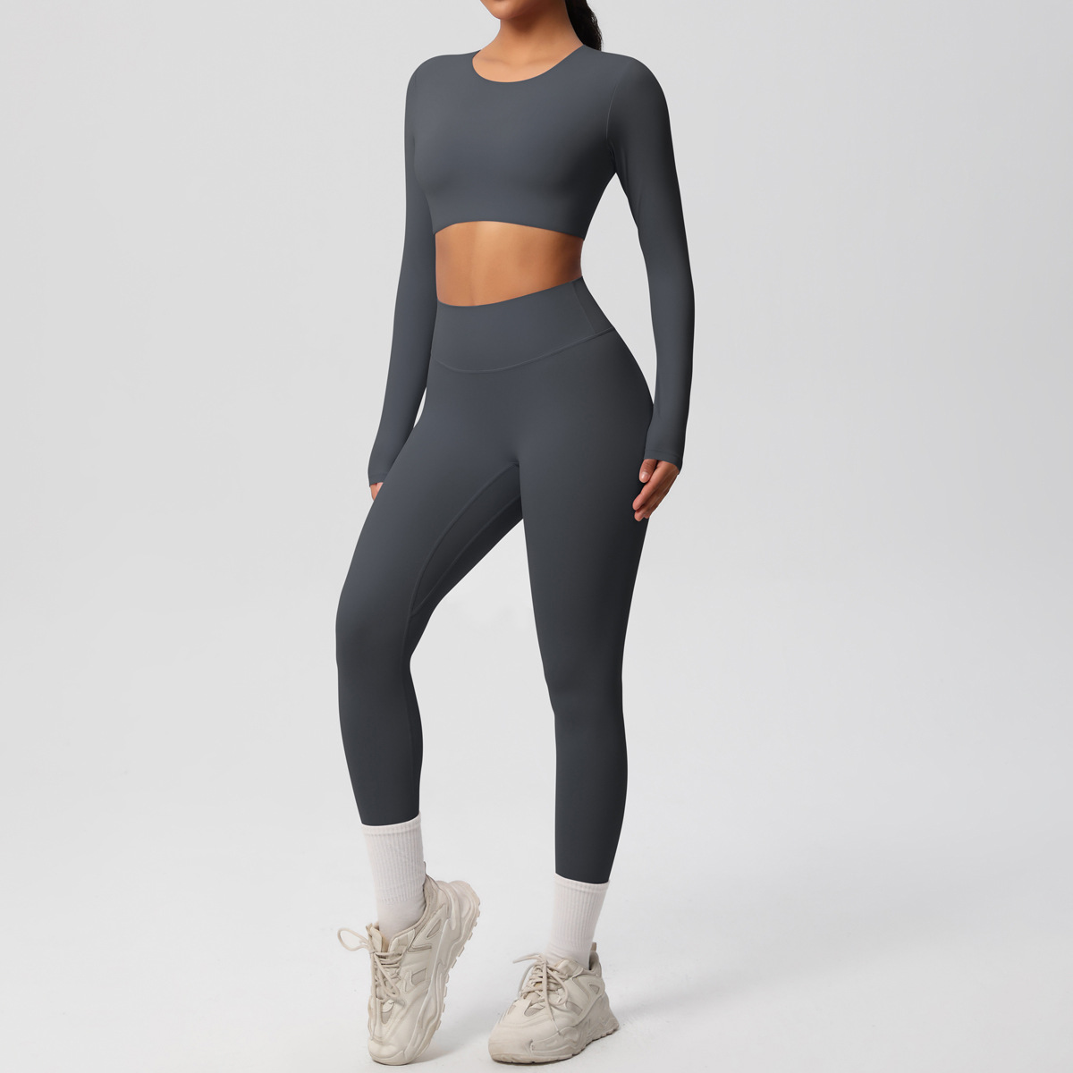 Women Crew Neck Long Sleeve Yoga 2-Piece Outfit, Crew Neck Long Sleeve Crop Top With Chest Pads 10 Colors, High Waist Butt Lifting Full Length Leggings 10 Colors, YFYS7104+YFYS7100