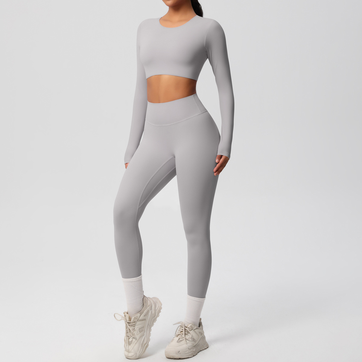 Women Crew Neck Long Sleeve Yoga 2-Piece Outfit, Crew Neck Long Sleeve Crop Top With Chest Pads 10 Colors, High Waist Butt Lifting Full Length Leggings 10 Colors, YFYS7104+YFYS7100