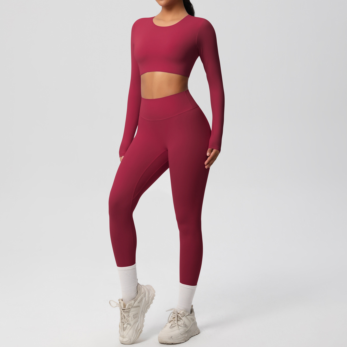 Women Crew Neck Long Sleeve Yoga 2-Piece Outfit, Crew Neck Long Sleeve Crop Top With Chest Pads 10 Colors, High Waist Butt Lifting Full Length Leggings 10 Colors, YFYS7104+YFYS7100