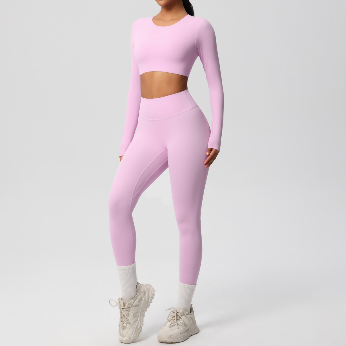 Women Crew Neck Long Sleeve Yoga 2-Piece Outfit, Crew Neck Long Sleeve Crop Top With Chest Pads 10 Colors, High Waist Butt Lifting Full Length Leggings 10 Colors, YFYS7104+YFYS7100