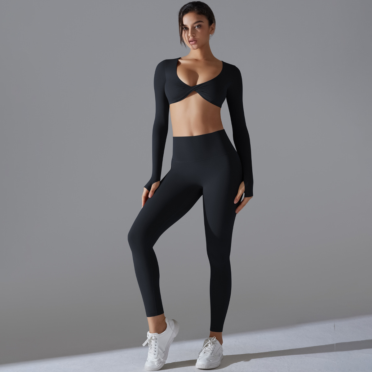 Quick Dry Training Set, Twist Front V Neck Thumb Hole Long Sleeve Crop Top 5 Colors, Solid Color Tight Lifting Antibacterial Leggings 5 Colors, YFYS7071+YFYS7053