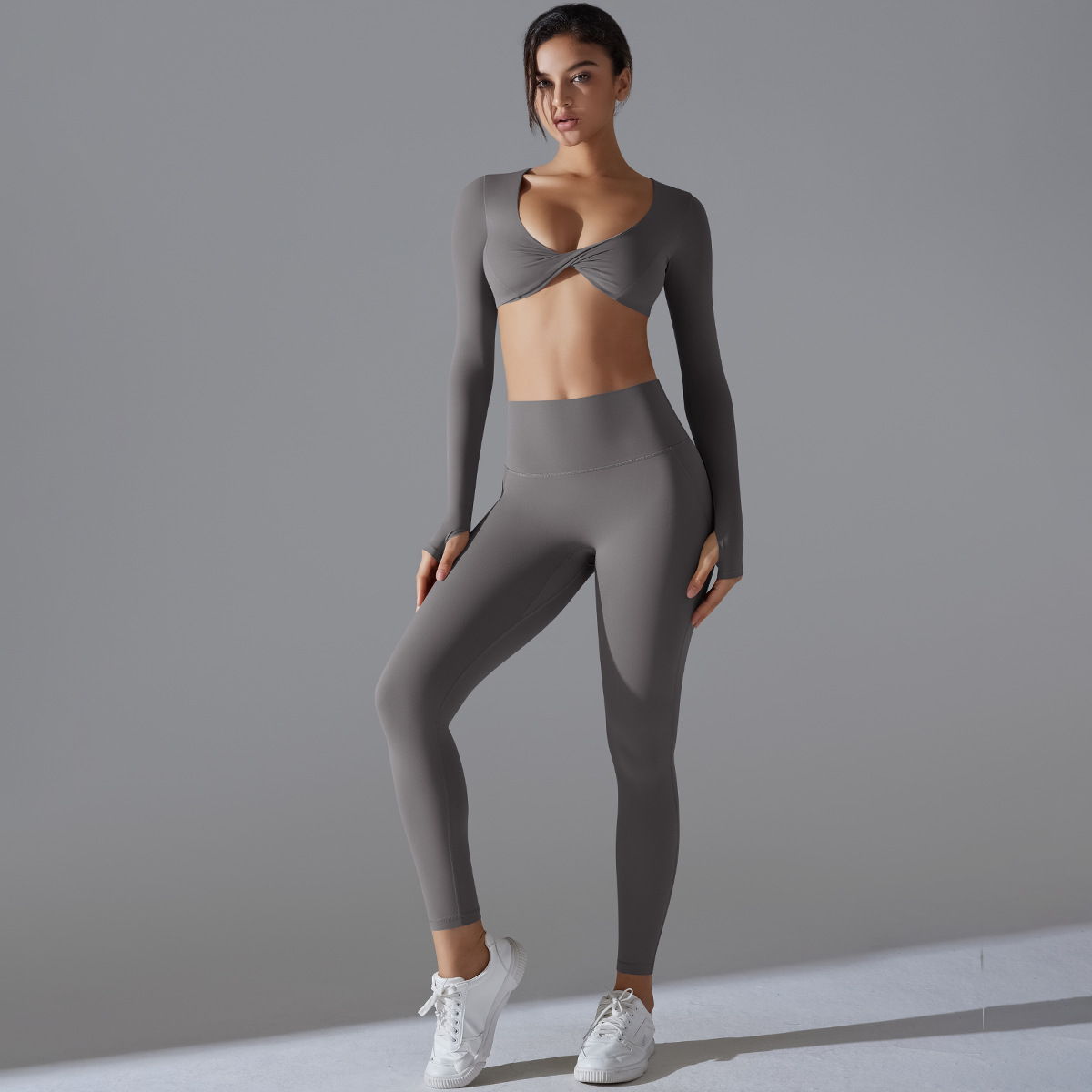 Quick Dry Training Set, Twist Front V Neck Thumb Hole Long Sleeve Crop Top 5 Colors, Solid Color Tight Lifting Antibacterial Leggings 5 Colors, YFYS7071+YFYS7053