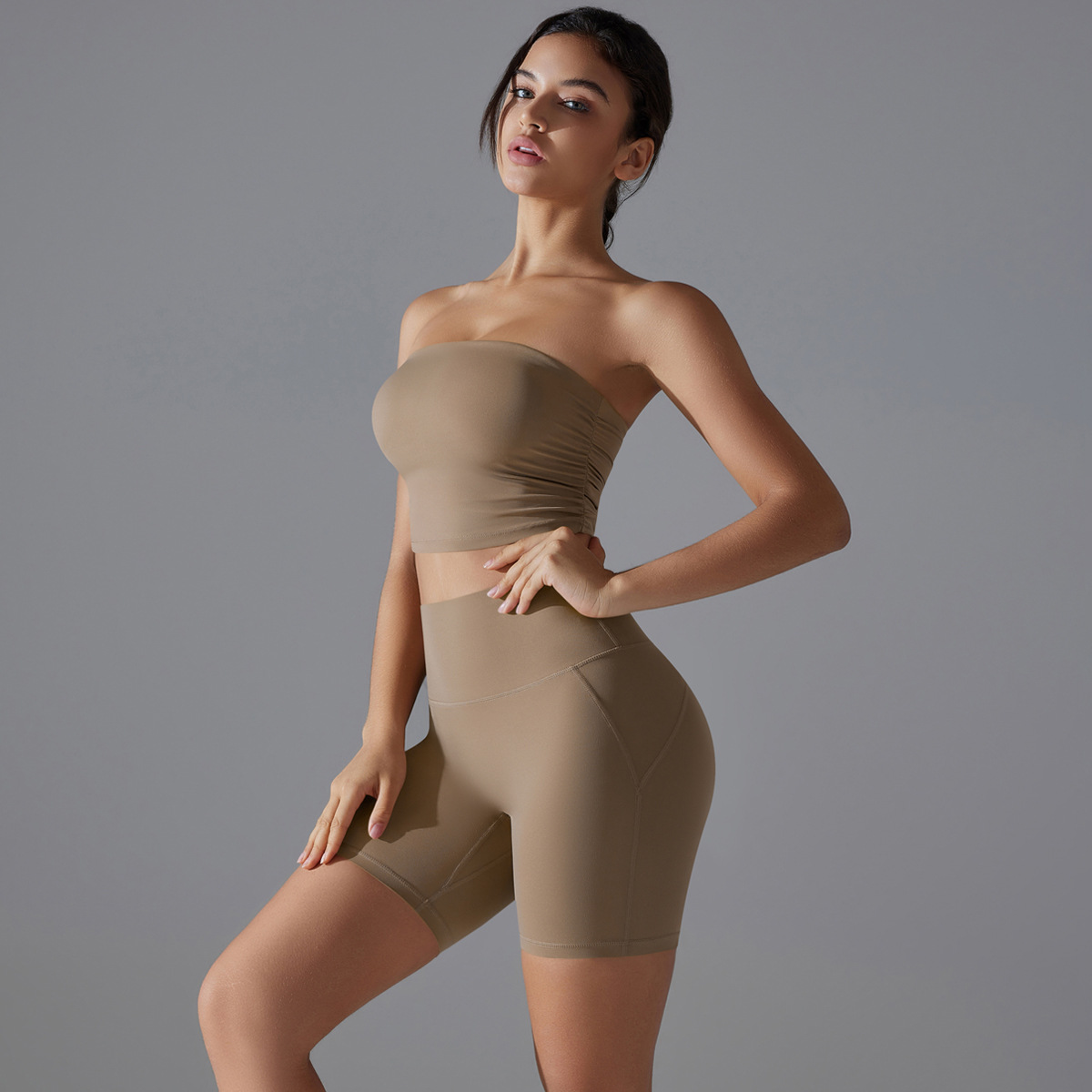 Women Strapless Tube Top Yoga 2-Piece Outfit, Side Ruched Strapless Crop Top 5 Colors, High Waist Butt Lifting Antibacterial Biker Shorts 5 Colors, YFYS7064+YFYS7054