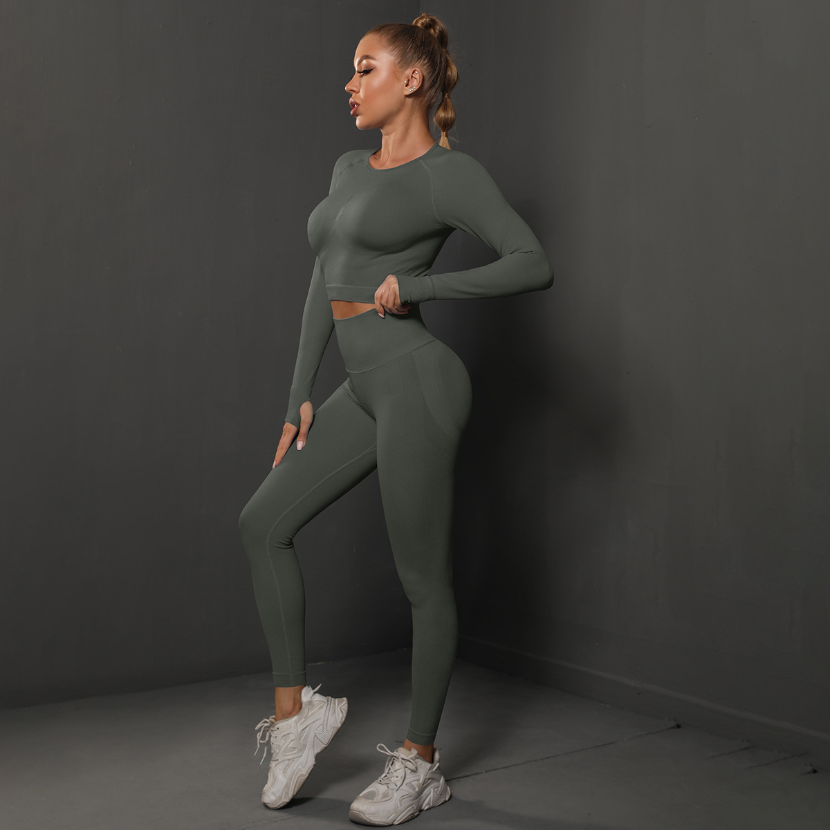 Women Crew Neck Twist Front Long Sleeve Yoga 2-Piece Outfit, Chest Twist Long Sleeve Crop Top 10 Colors, High Waist Butt Lifting Full Length Leggings 10 Colors, YFYS6600+YFYS6600