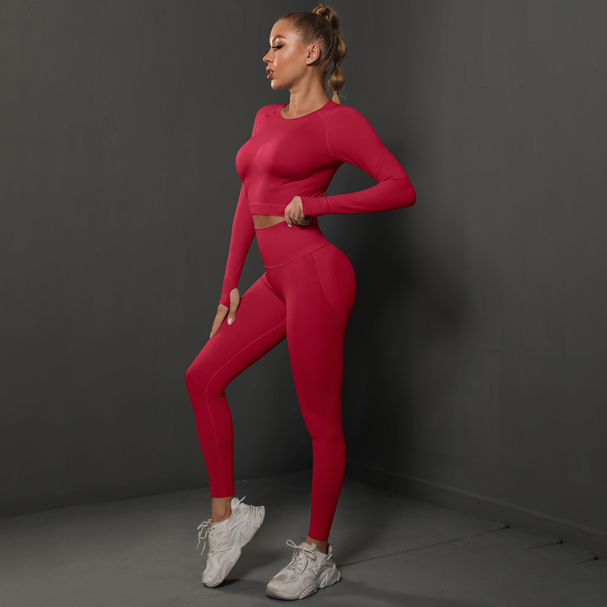 Women Crew Neck Twist Front Long Sleeve Yoga 2-Piece Outfit, Chest Twist Long Sleeve Crop Top 10 Colors, High Waist Butt Lifting Full Length Leggings 10 Colors, YFYS6600+YFYS6600