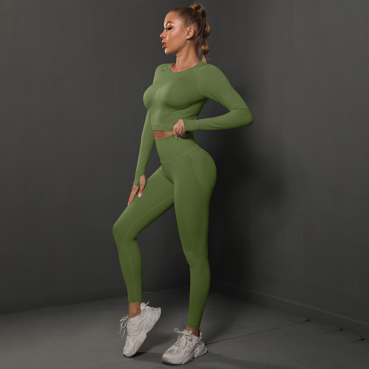 Women Crew Neck Twist Front Long Sleeve Yoga 2-Piece Outfit, Chest Twist Long Sleeve Crop Top 10 Colors, High Waist Butt Lifting Full Length Leggings 10 Colors, YFYS6600+YFYS6600