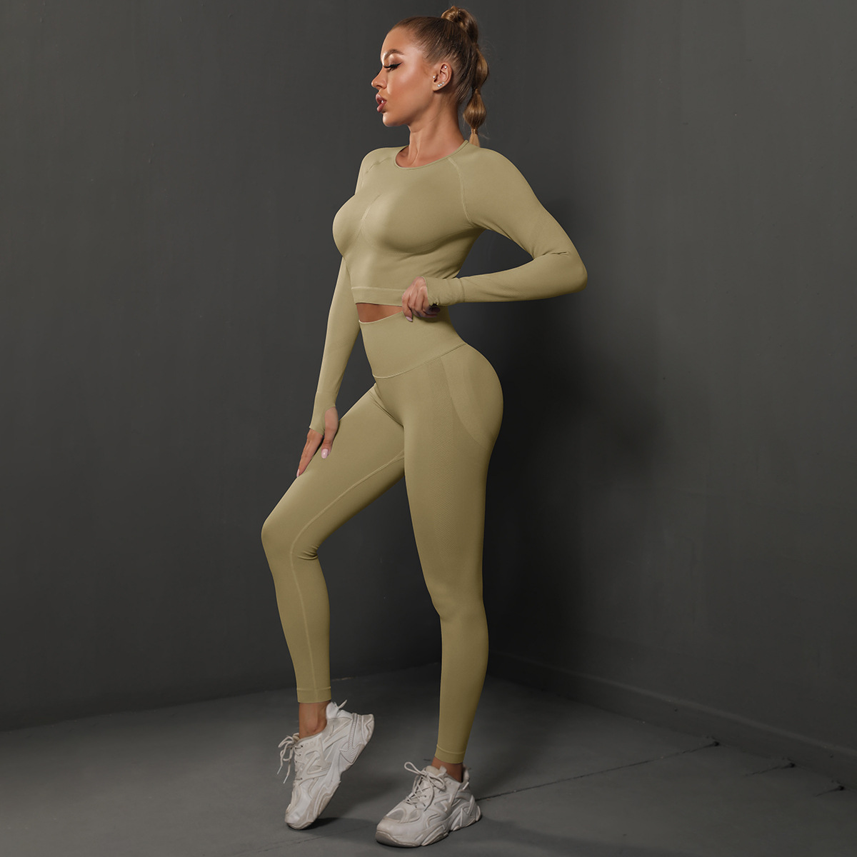Women Crew Neck Twist Front Long Sleeve Yoga 2-Piece Outfit, Chest Twist Long Sleeve Crop Top 10 Colors, High Waist Butt Lifting Full Length Leggings 10 Colors, YFYS6600+YFYS6600