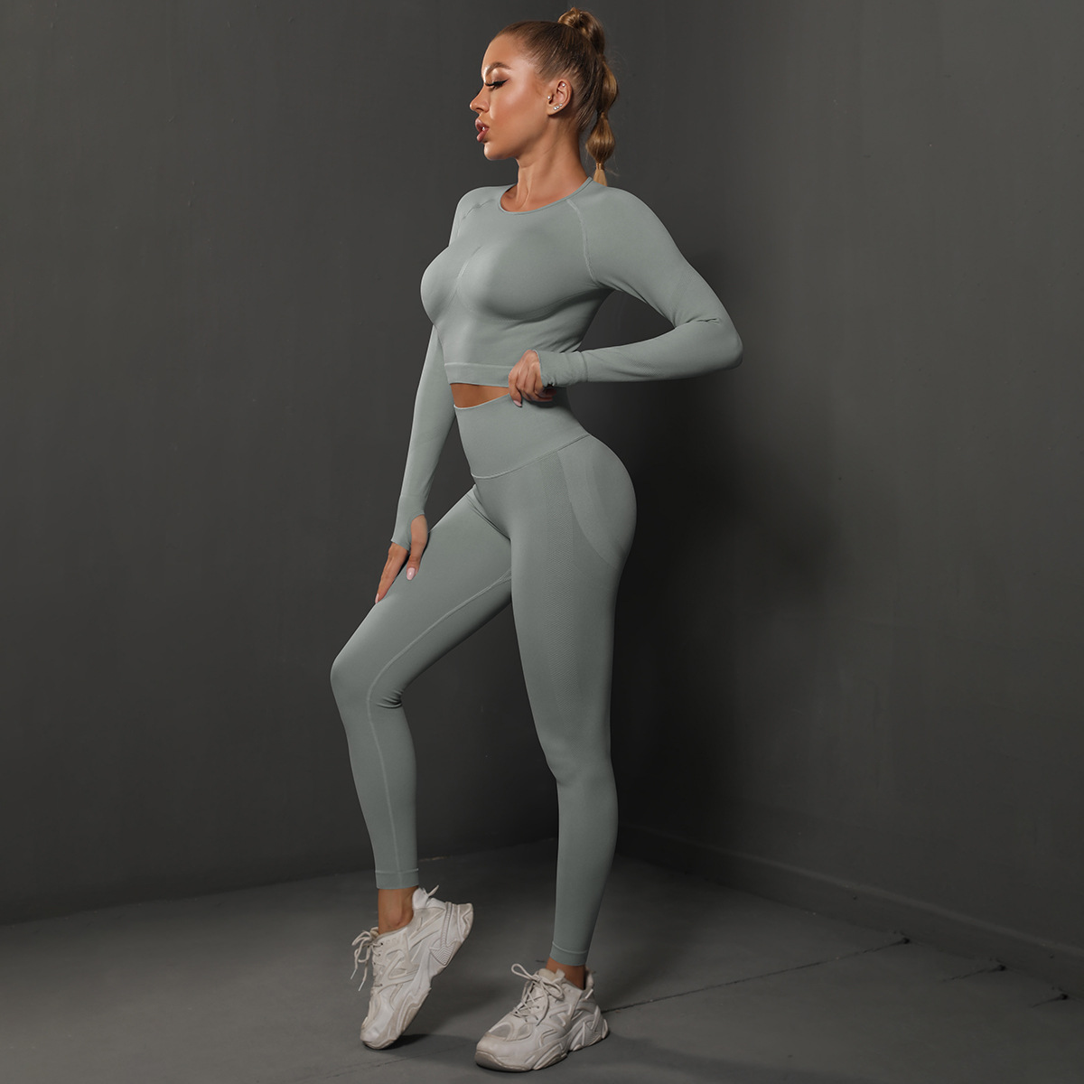 Women Crew Neck Twist Front Long Sleeve Yoga 2-Piece Outfit, Chest Twist Long Sleeve Crop Top 10 Colors, High Waist Butt Lifting Full Length Leggings 10 Colors, YFYS6600+YFYS6600