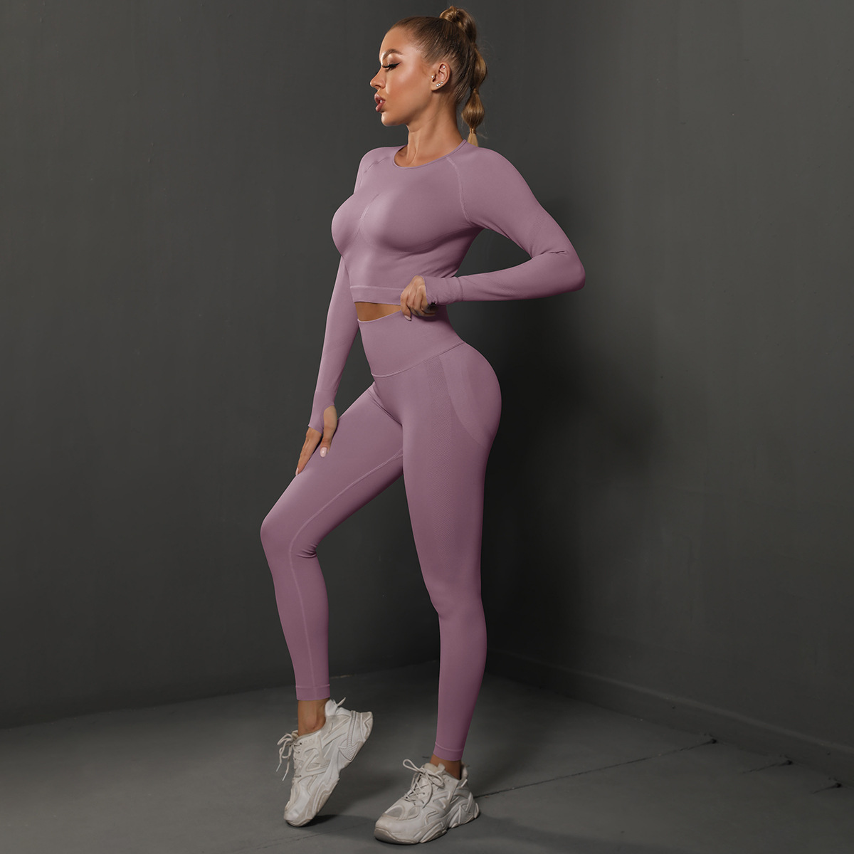 Women Crew Neck Twist Front Long Sleeve Yoga 2-Piece Outfit, Chest Twist Long Sleeve Crop Top 10 Colors, High Waist Butt Lifting Full Length Leggings 10 Colors, YFYS6600+YFYS6600