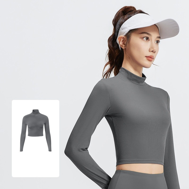 Mock-Neck Slim-Fit Solid Color Yoga Long-Sleeve Top 3 Colors YFJYTC015