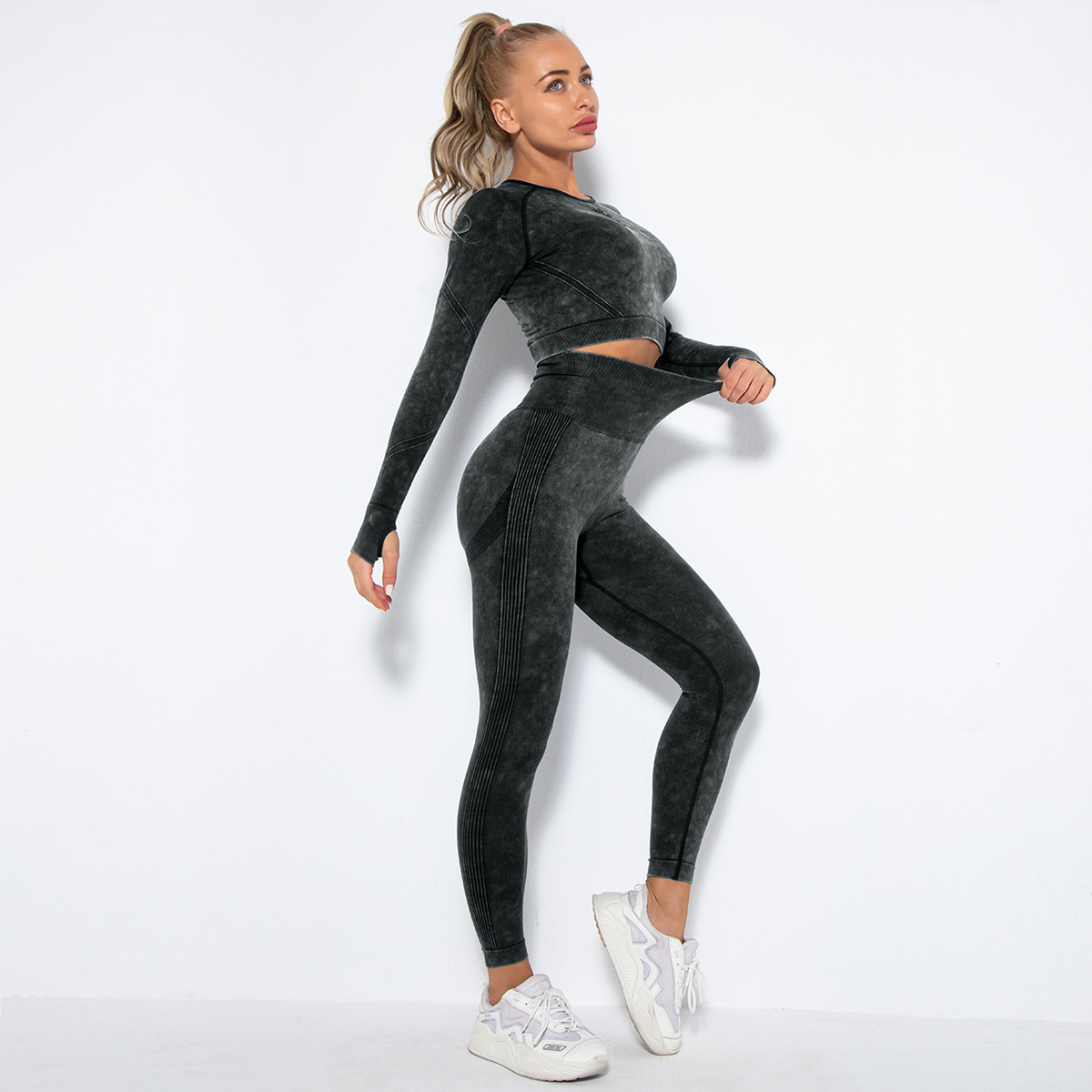 Naked Soft Fitness Set, Crew Neck Washed Texture Long Sleeve Crop Top 10 Colors, Tummy Control Compression Leggings 10 Colors, YFYS6500+YFYS6500
