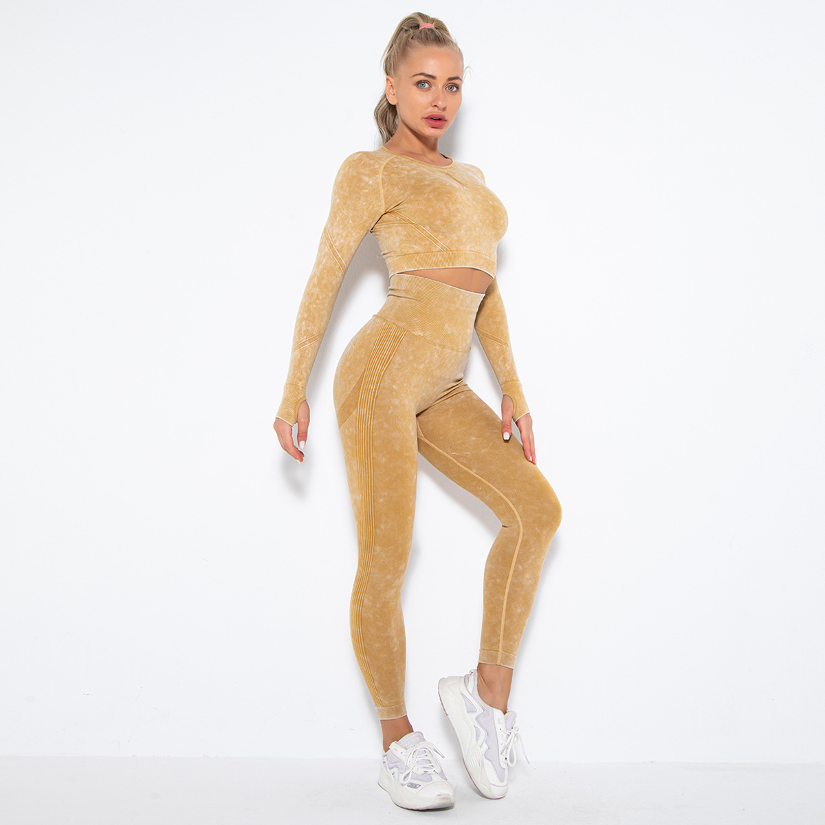 Naked Soft Fitness Set, Crew Neck Washed Texture Long Sleeve Crop Top 10 Colors, Tummy Control Compression Leggings 10 Colors, YFYS6500+YFYS6500