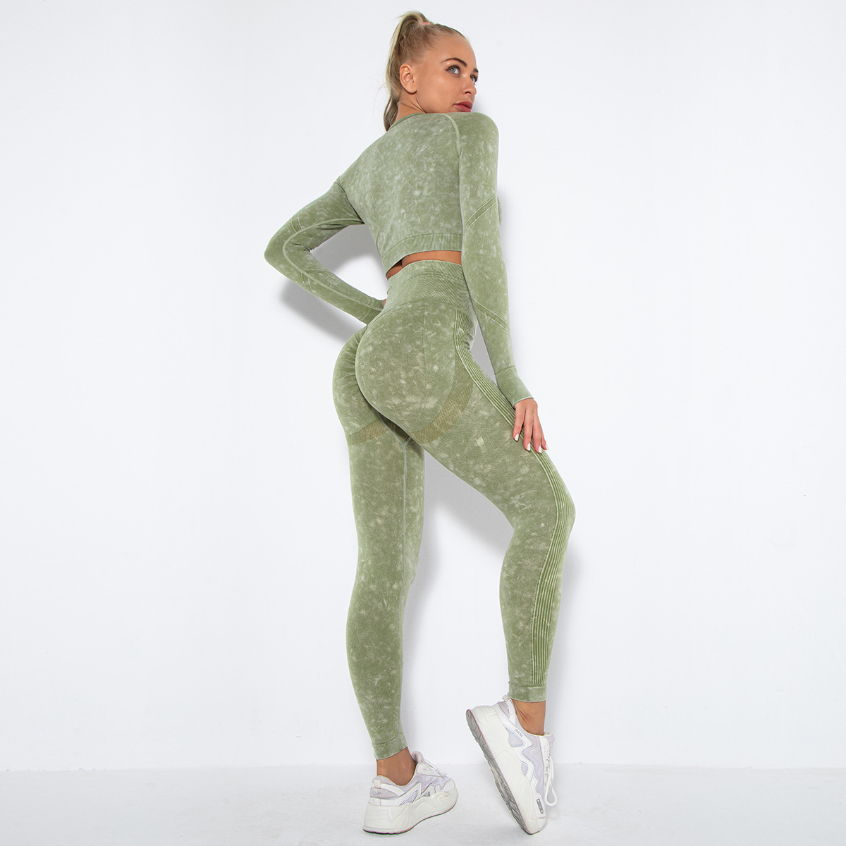Naked Soft Fitness Set, Crew Neck Washed Texture Long Sleeve Crop Top 10 Colors, Tummy Control Compression Leggings 10 Colors, YFYS6500+YFYS6500