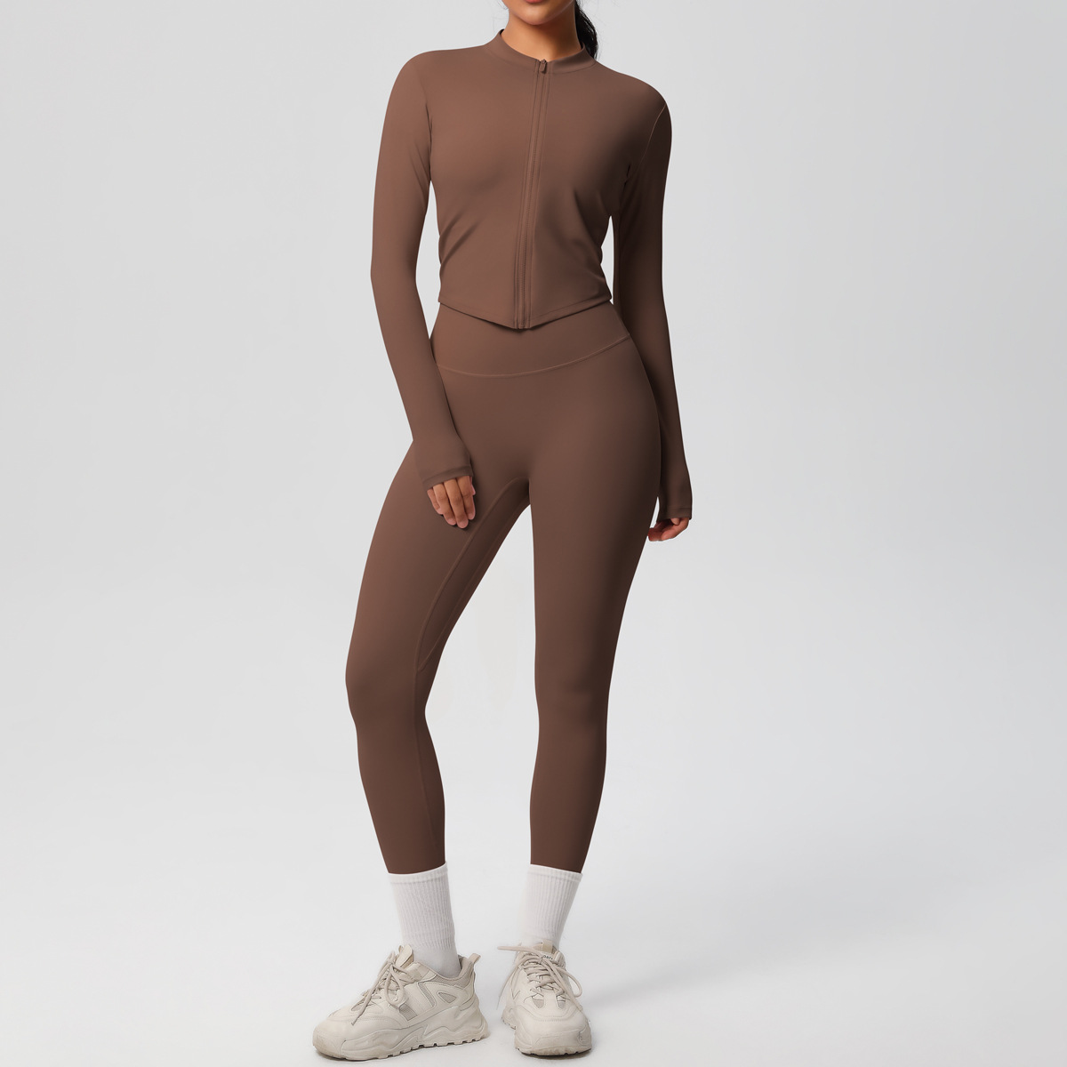 Naked Soft Fitness Set, Zip Up Long Sleeve Cropped Jacket 10 Colors, Tummy Control Compression Leggings 10 Colors, YFYS7106+YFYS7100