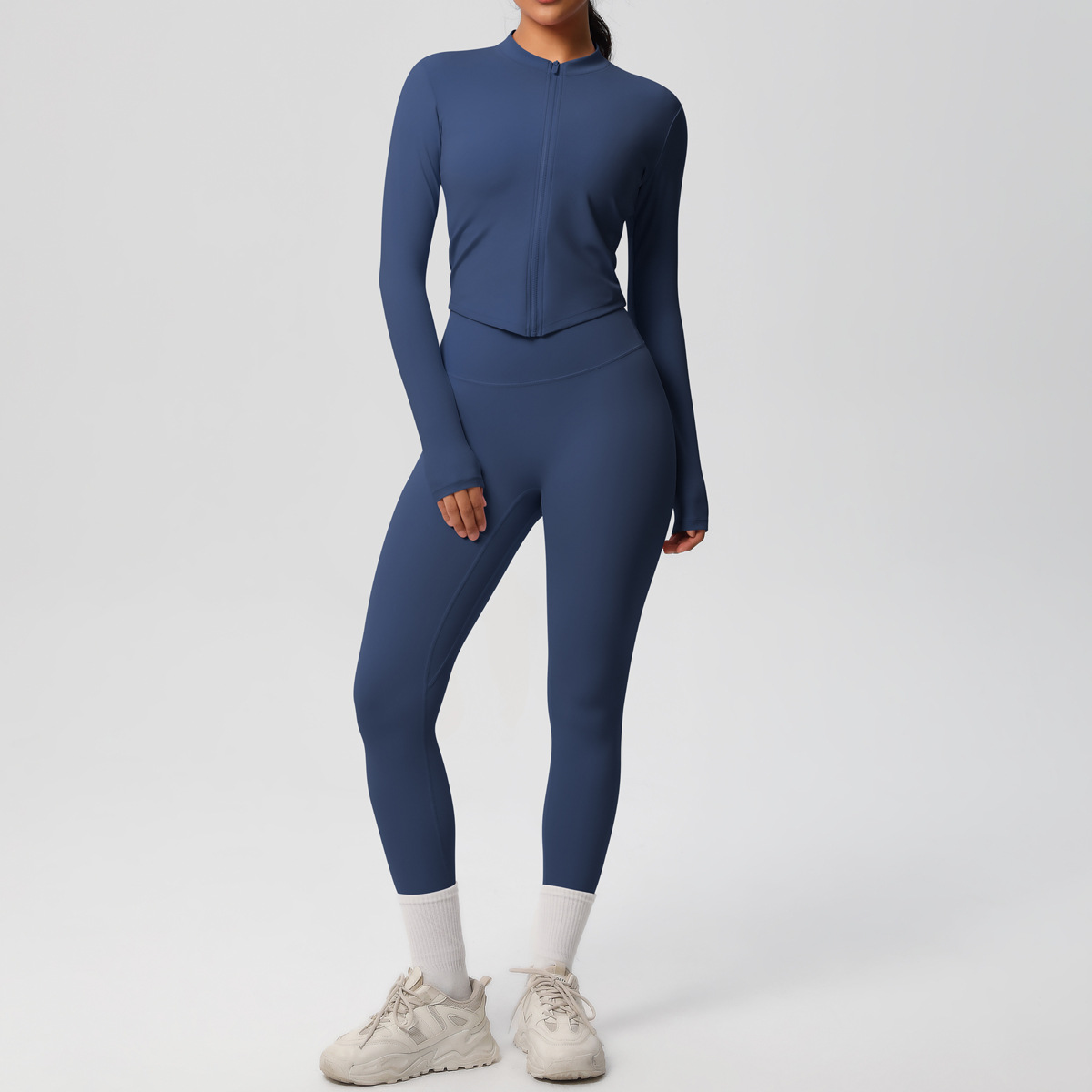 Naked Soft Fitness Set, Zip Up Long Sleeve Cropped Jacket 10 Colors, Tummy Control Compression Leggings 10 Colors, YFYS7106+YFYS7100