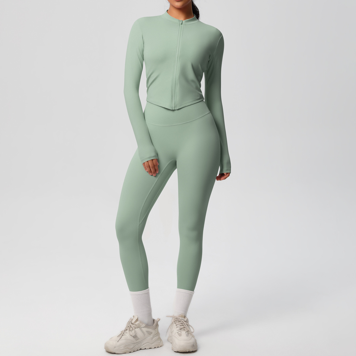 Naked Soft Fitness Set, Zip Up Long Sleeve Cropped Jacket 10 Colors, Tummy Control Compression Leggings 10 Colors, YFYS7106+YFYS7100