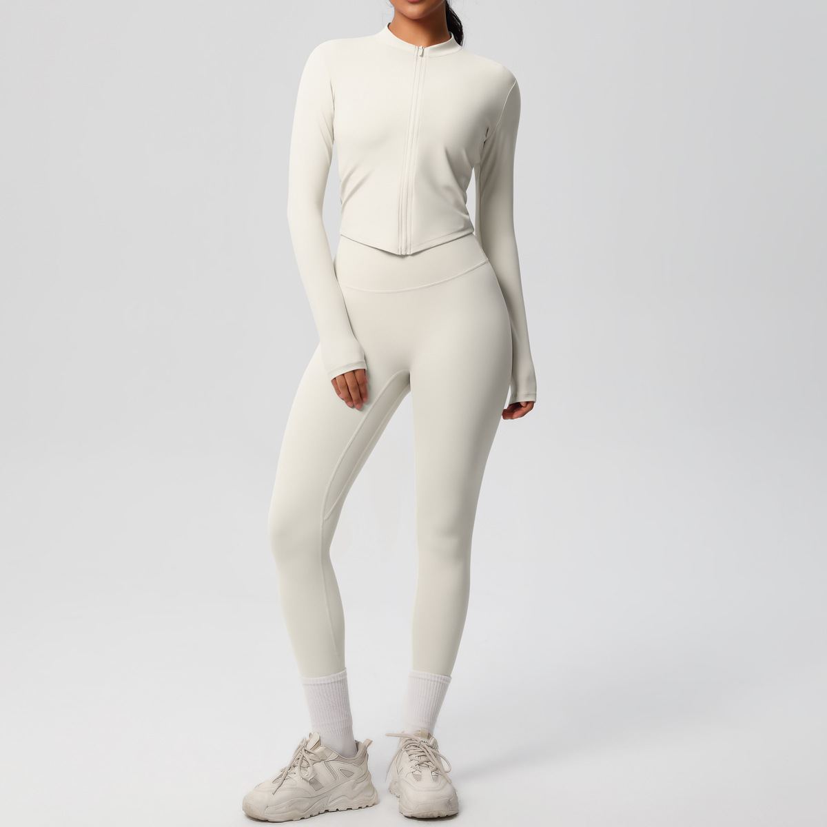 Naked Soft Fitness Set, Zip Up Long Sleeve Cropped Jacket 10 Colors, Tummy Control Compression Leggings 10 Colors, YFYS7106+YFYS7100