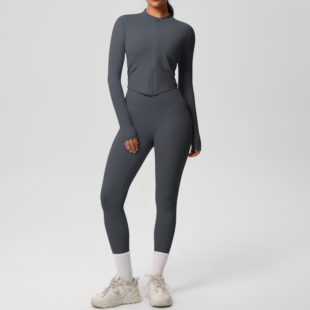 Naked Soft Fitness Set, Zip Up Long Sleeve Cropped Jacket 10 Colors, Tummy Control Compression Leggings 10 Colors, YFYS7106+YFYS7100