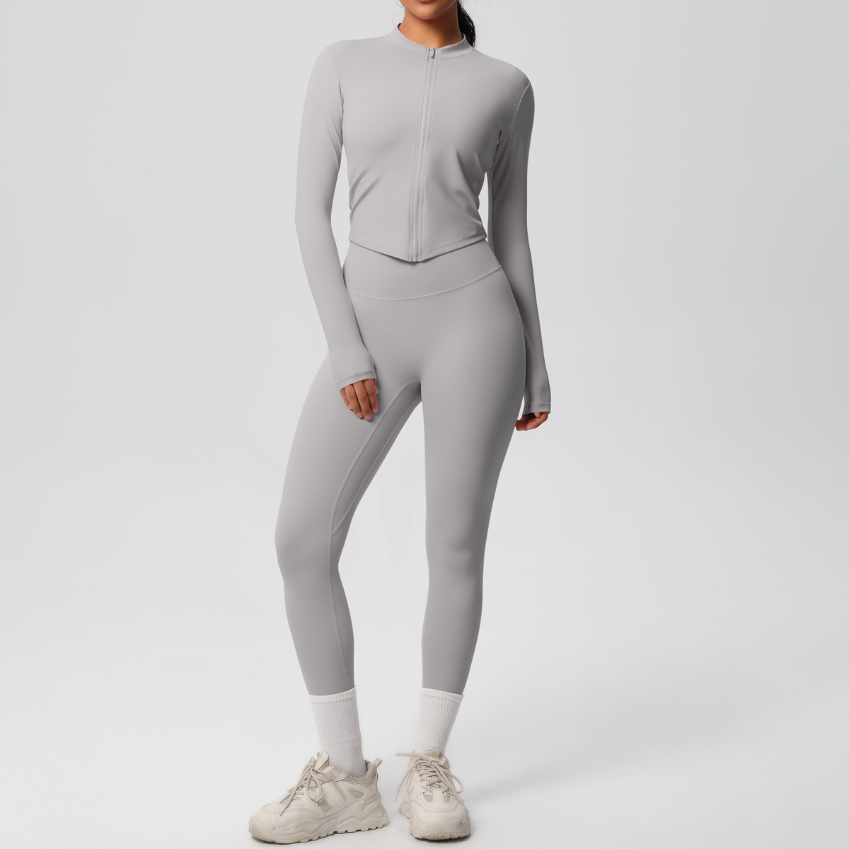 Naked Soft Fitness Set, Zip Up Long Sleeve Cropped Jacket 10 Colors, Tummy Control Compression Leggings 10 Colors, YFYS7106+YFYS7100