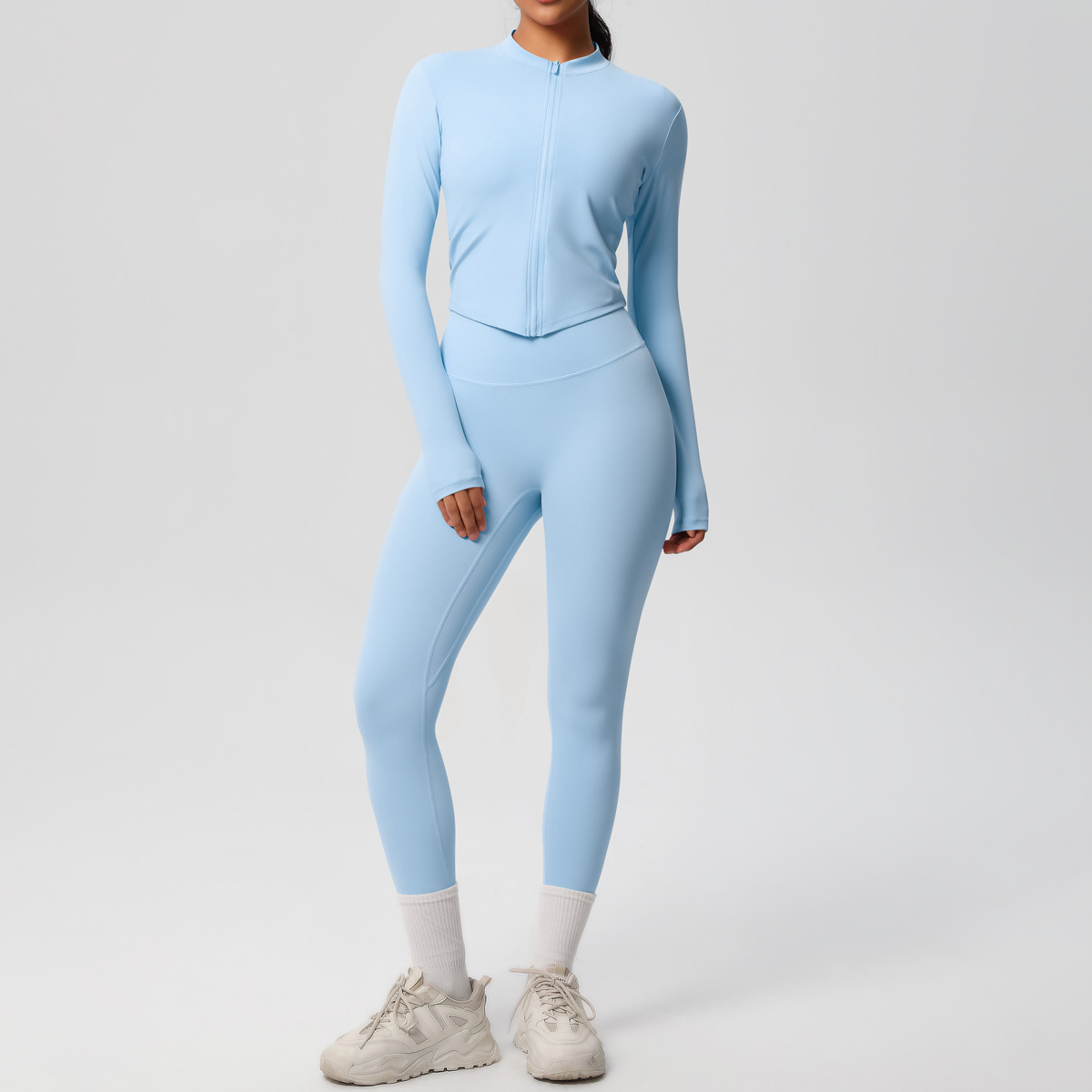 Naked Soft Fitness Set, Zip Up Long Sleeve Cropped Jacket 10 Colors, Tummy Control Compression Leggings 10 Colors, YFYS7106+YFYS7100