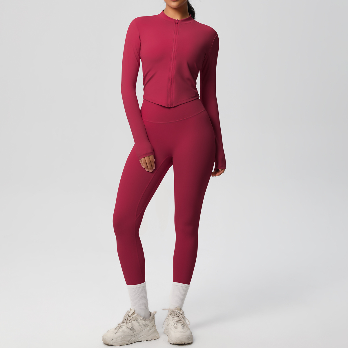 Naked Soft Fitness Set, Zip Up Long Sleeve Cropped Jacket 10 Colors, Tummy Control Compression Leggings 10 Colors, YFYS7106+YFYS7100