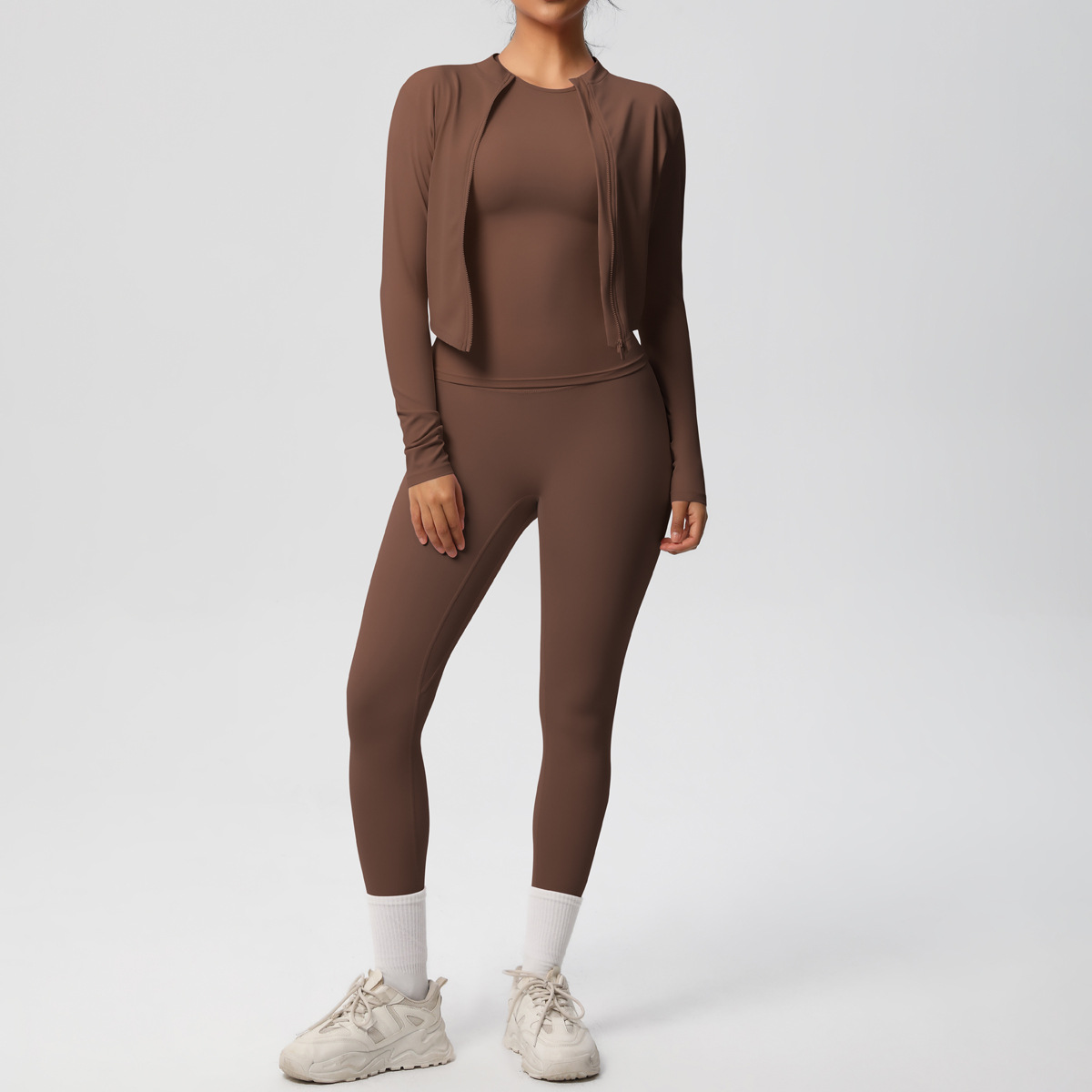 Women Zip Up Long Sleeve 3-Piece Yoga Outfit, Full Zip Cropped Jacket+Round Neck Long Sleeve Tank Top 10 Colors, High Waist Butt Lifting Full Length Leggings 10 Colors, YFYS7102+YFYS7106+YFYS7100