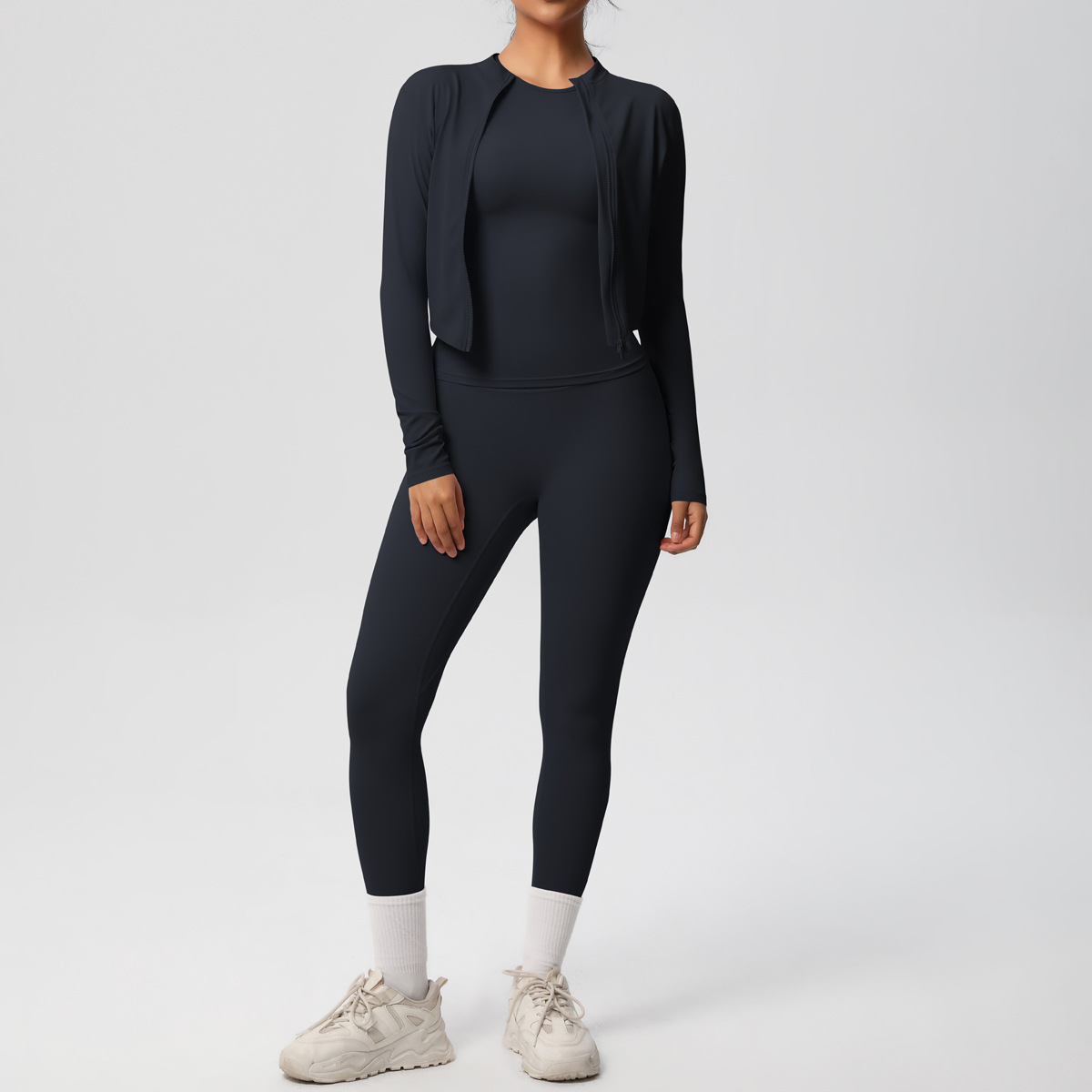 Women Zip Up Long Sleeve 3-Piece Yoga Outfit, Full Zip Cropped Jacket+Round Neck Long Sleeve Tank Top 10 Colors, High Waist Butt Lifting Full Length Leggings 10 Colors, YFYS7102+YFYS7106+YFYS7100