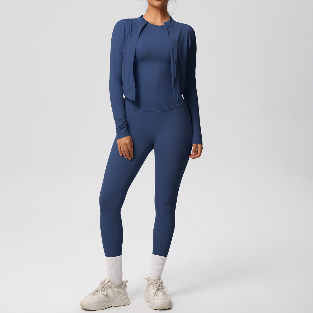Women Zip Up Long Sleeve 3-Piece Yoga Outfit, Full Zip Cropped Jacket+Round Neck Long Sleeve Tank Top 10 Colors, High Waist Butt Lifting Full Length Leggings 10 Colors, YFYS7102+YFYS7106+YFYS7100