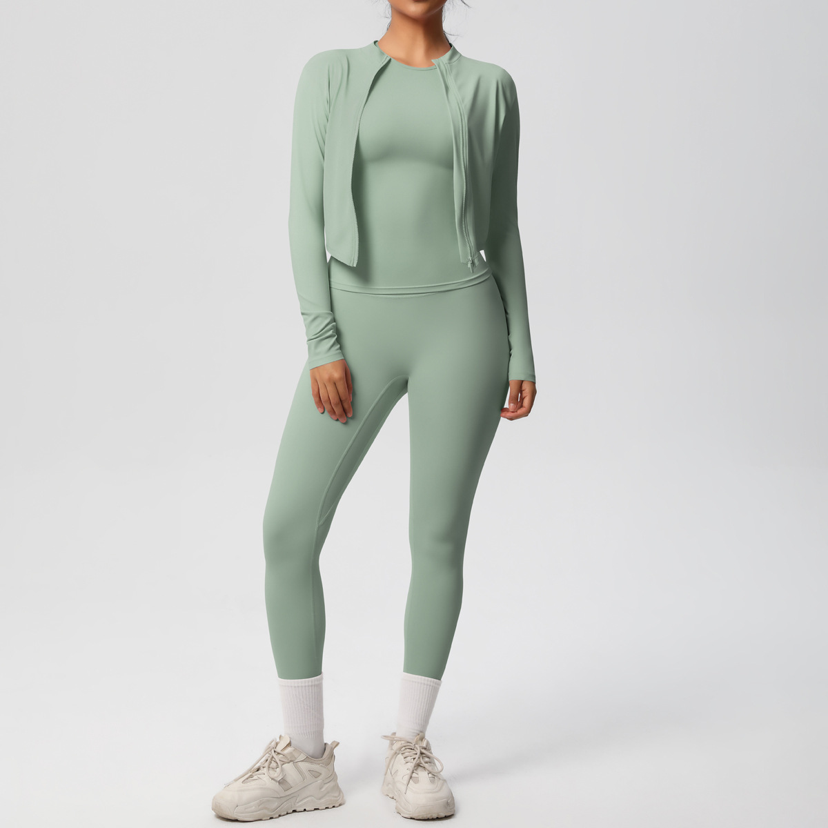 Women Zip Up Long Sleeve 3-Piece Yoga Outfit, Full Zip Cropped Jacket+Round Neck Long Sleeve Tank Top 10 Colors, High Waist Butt Lifting Full Length Leggings 10 Colors, YFYS7102+YFYS7106+YFYS7100