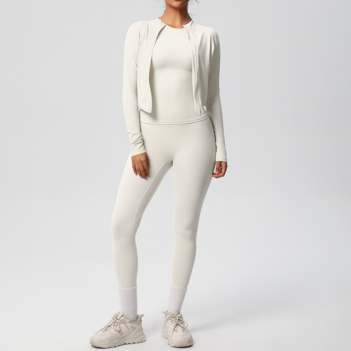 Women Zip Up Long Sleeve 3-Piece Yoga Outfit, Full Zip Cropped Jacket+Round Neck Long Sleeve Tank Top 10 Colors, High Waist Butt Lifting Full Length Leggings 10 Colors, YFYS7102+YFYS7106+YFYS7100