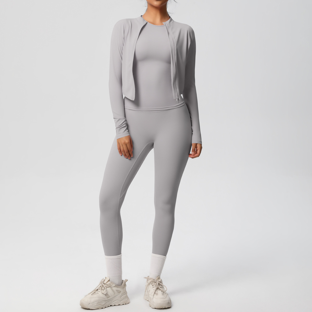 Women Zip Up Long Sleeve 3-Piece Yoga Outfit, Full Zip Cropped Jacket+Round Neck Long Sleeve Tank Top 10 Colors, High Waist Butt Lifting Full Length Leggings 10 Colors, YFYS7102+YFYS7106+YFYS7100