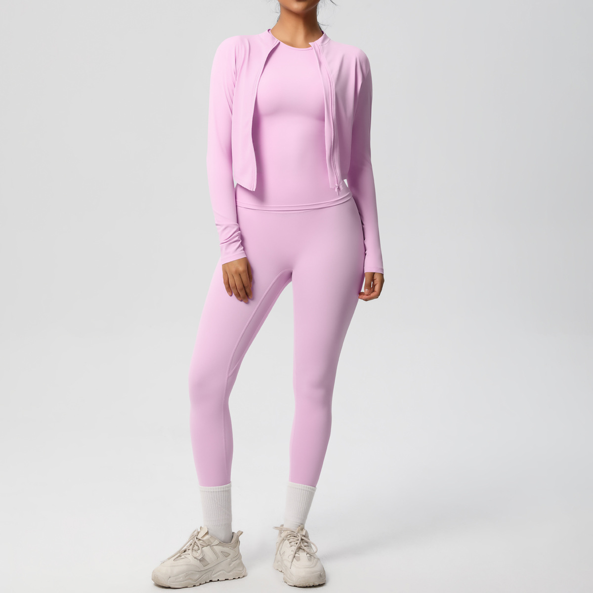 Women Zip Up Long Sleeve 3-Piece Yoga Outfit, Full Zip Cropped Jacket+Round Neck Long Sleeve Tank Top 10 Colors, High Waist Butt Lifting Full Length Leggings 10 Colors, YFYS7102+YFYS7106+YFYS7100