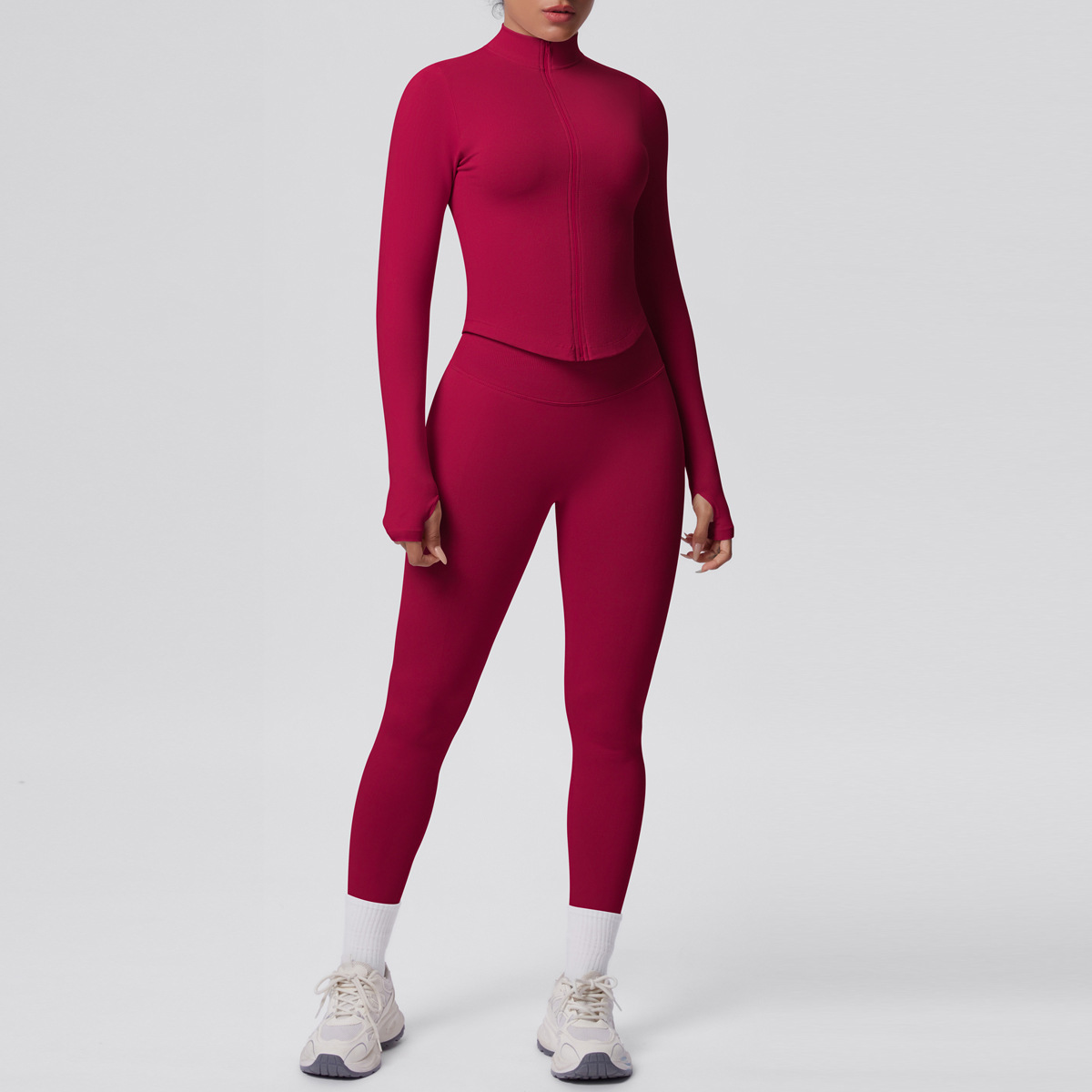 Naked Soft Fitness Set, Zip Up High Neck Jacket With Thumb Holes 10 Colors, Tummy Control Compression Leggings 10 Colors, YFYS6704+YFYS6688